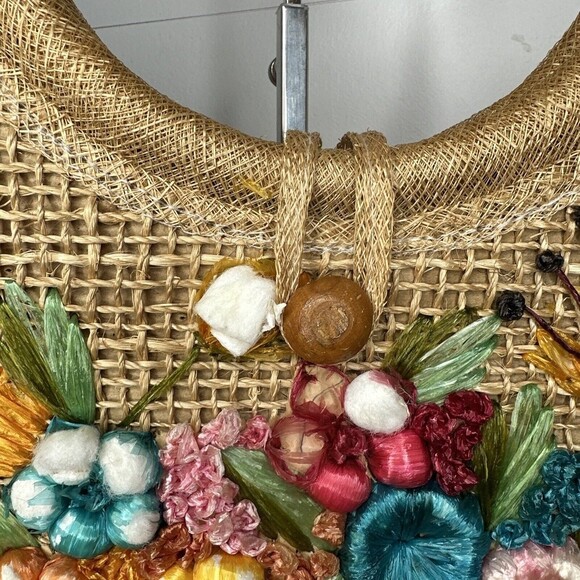 Womens Hand Bag Tote Weaved Jute Floral Vase Design Wooden Handles Summer Beach - Picture 8 of 14